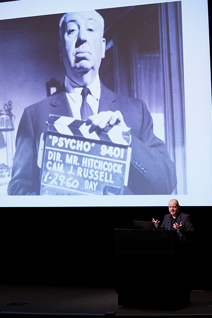 Alexandre O. Philippe on stage at IU Cinema during his Jorgensen Guest Filmmaker program.