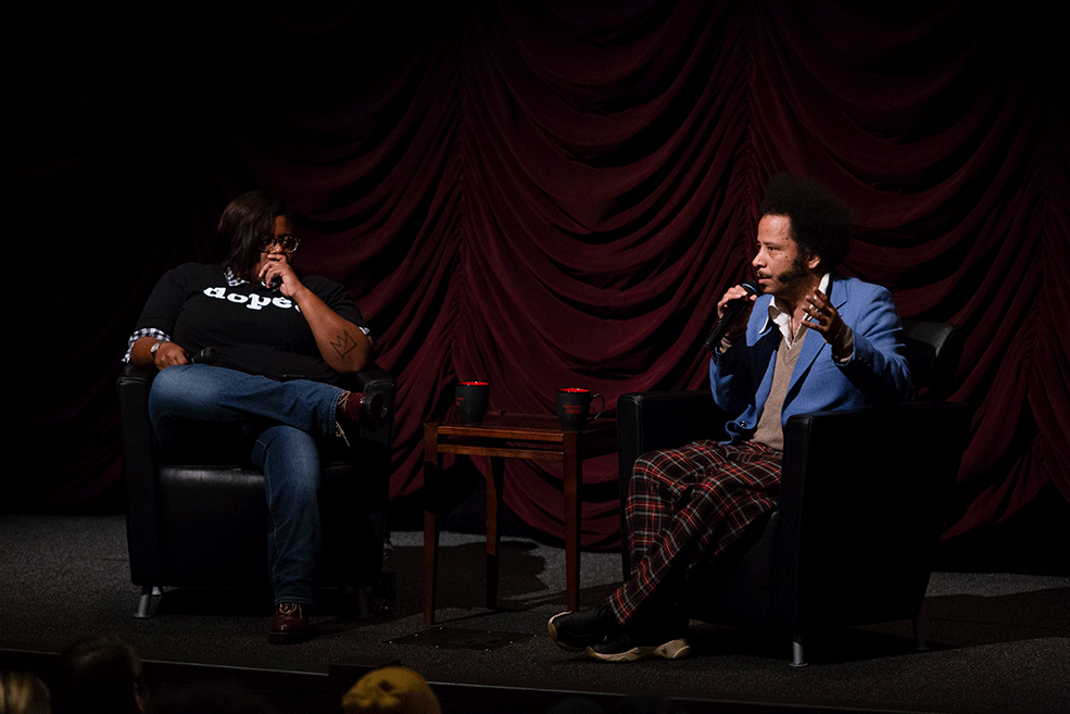 Boots Riley and Janae Cummings onstage at IU Cinema