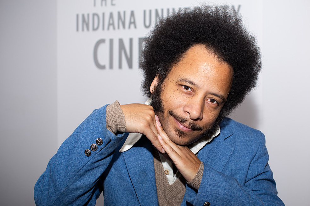 Boots Riley poses in the lobby of IU Cinema