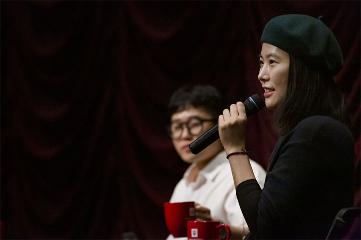 Bora Kim and KyungMook Kim onstage at IU Cinema