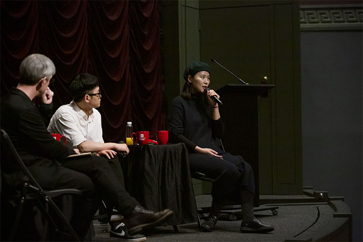 Bora Kim, KyungMook Kim and Darcy Paquet onstage at IU Cinema