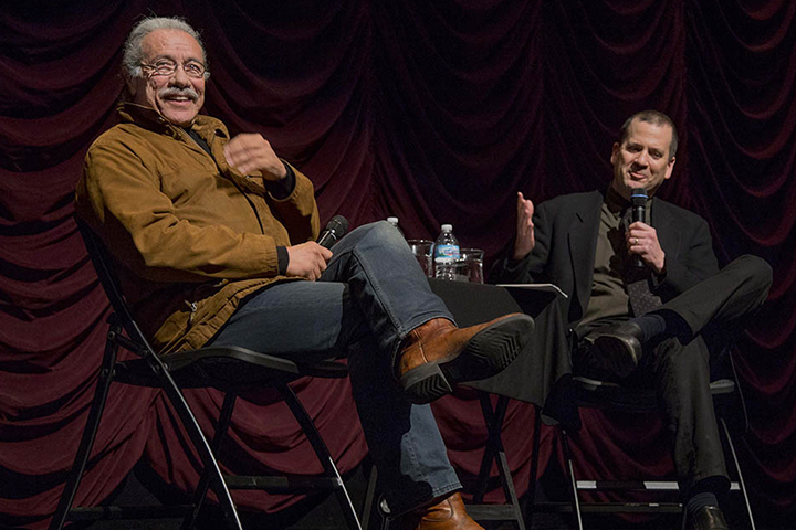 Edward James Olmos and UCLA Professor Chon Noriega onstage at IU Cinema