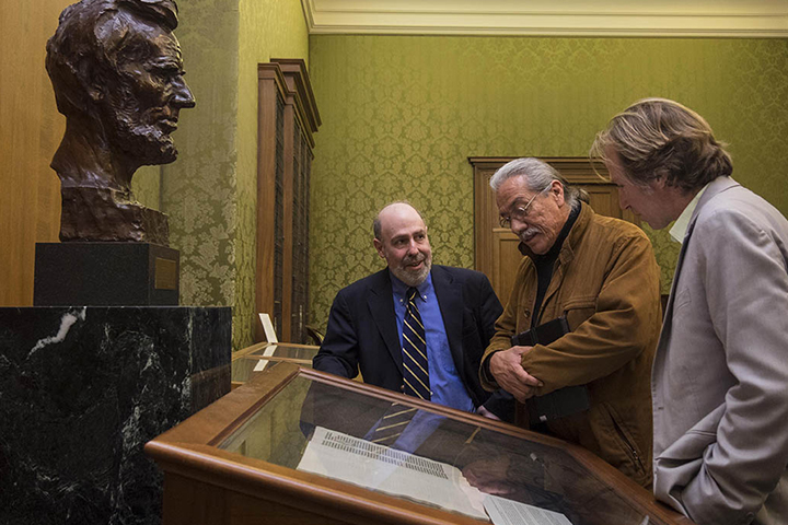 Edward James Olmos, Lilly Library Director Joel Silver and IU Cinema Founding Director Jon Vickers in Lilly Library