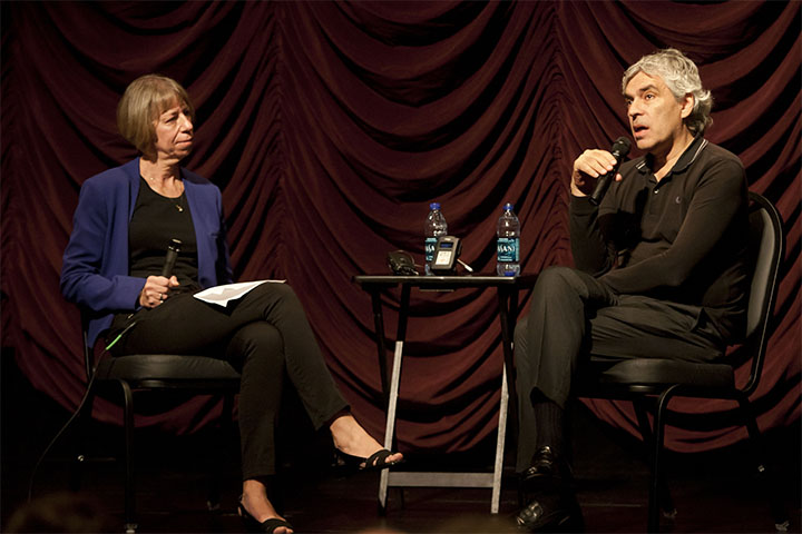 Pedro Costa and Professor Darlene Sadlier onstage at IU Cinema.