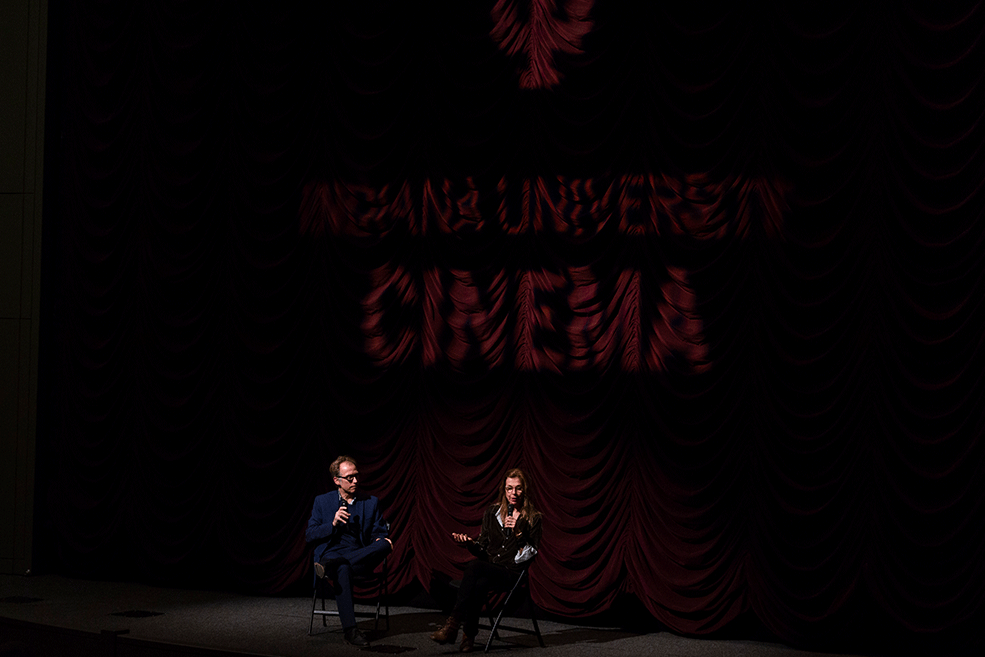 Sara Driver and Founding Director Jon Vickers onstage at IU Cinema.