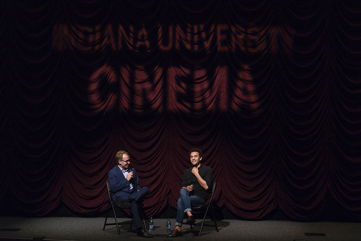 Tamer El Said on stage with Jon Vickers during his Jorgensen Guest Filmmaker program.