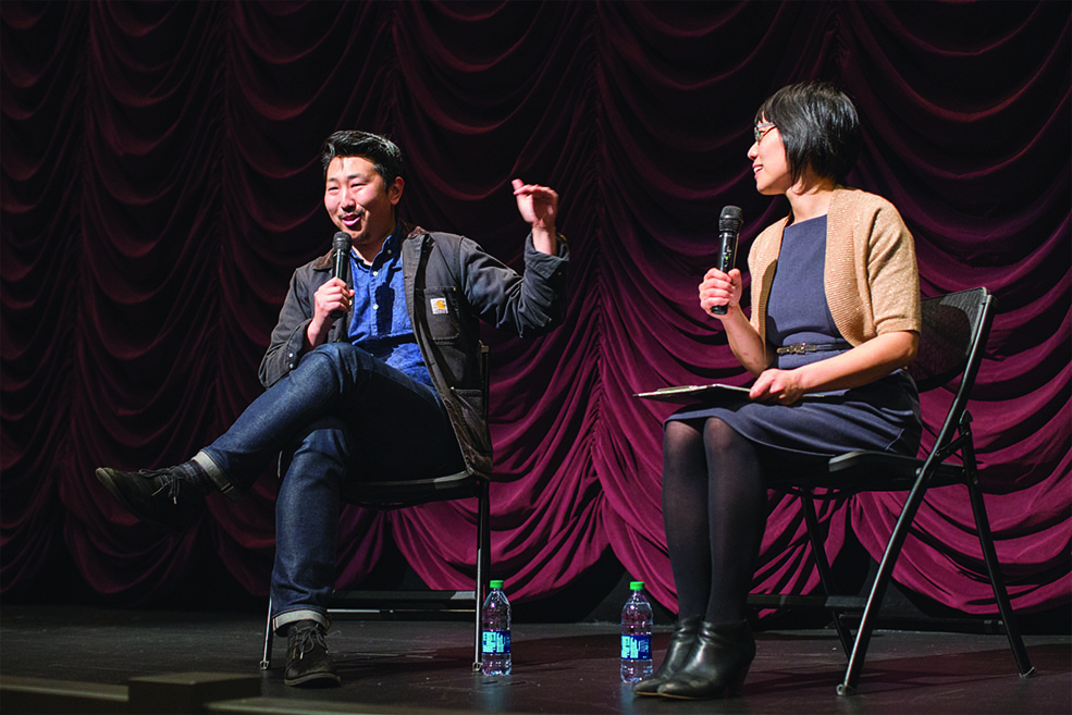 Andrew Ahn and Professor Ellen Wu on stage at IU Cinema