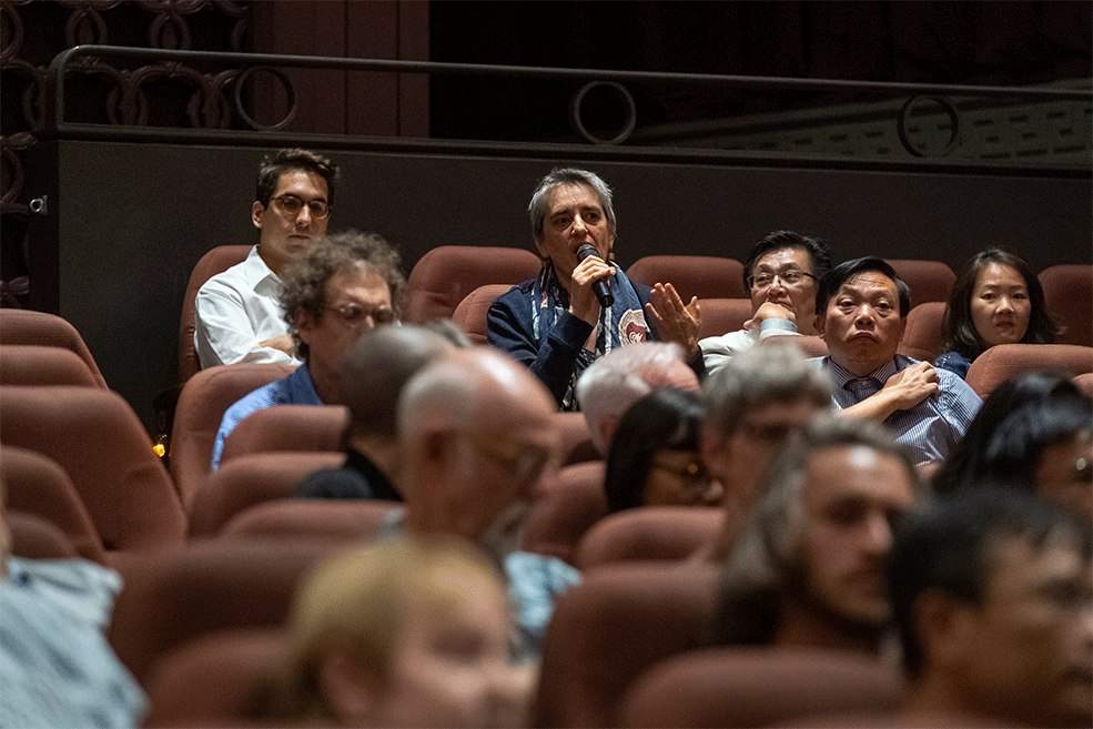 An audience member asks Ash Mayfair a question during an event at IU Cinema