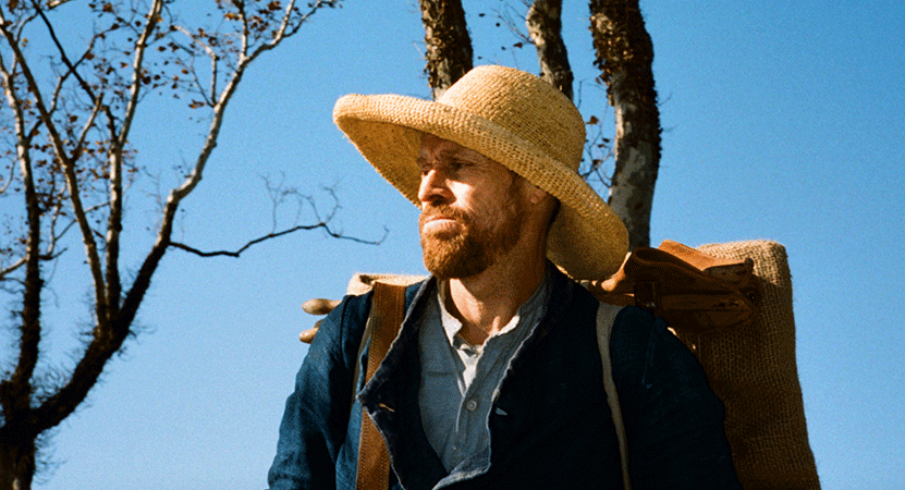 Still image of Vincent van Gogh ( Willem Dafoe) stands outside from the film At Eternity’s Gate