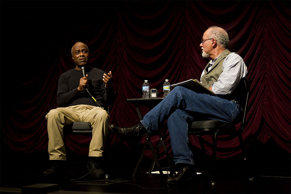 Charles Burnett and Professor Michael Martin onstage at IU Cinema