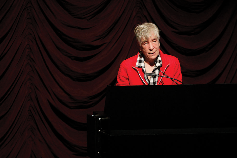 Jill Godmilow lectures from stage at IU Cinema