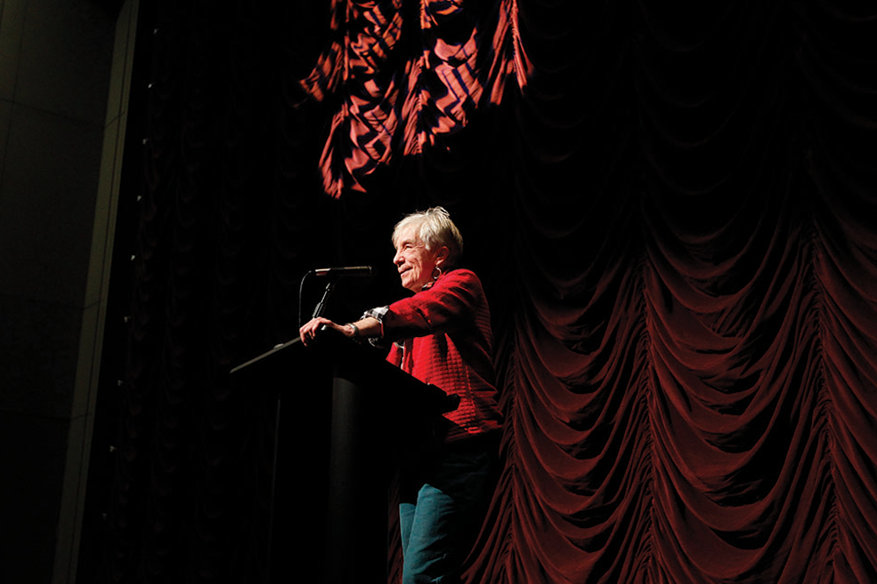 Jill Godmilow lectures from stage at IU Cinema