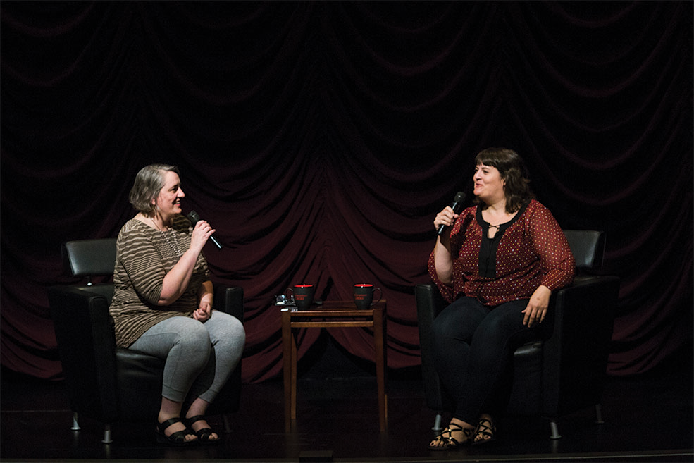 Megan Griffiths and Barbara Ann O’Leary onstage during a Jorgensen Guest Filmmaker event.