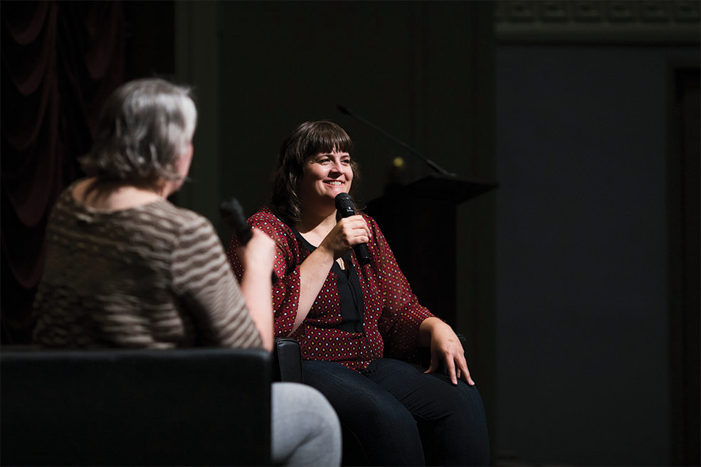 Megan Griffiths and Barbara Ann O’Leary onstage during a Jorgensen Guest Filmmaker event.