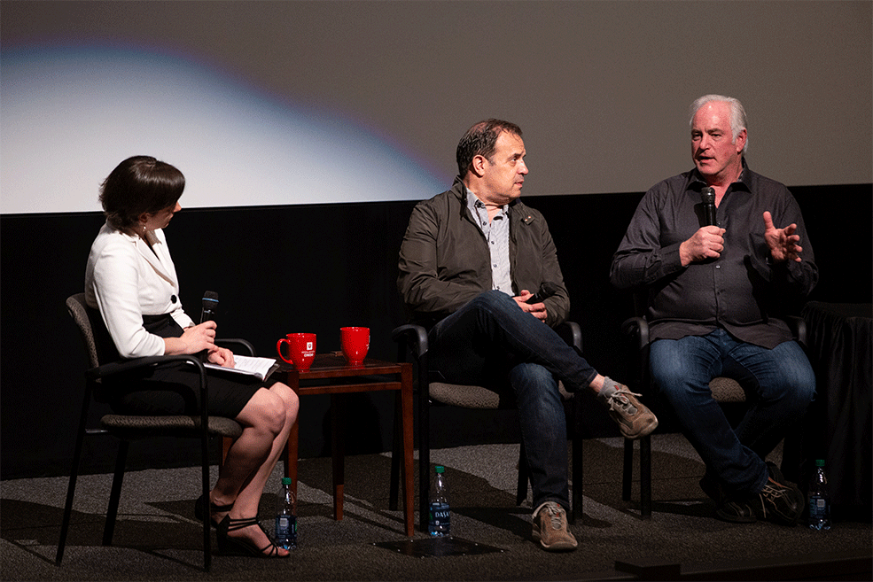 Larry Groupé, Rod Lurie and Jessica Davis Tagg onstage at IU Cinema.