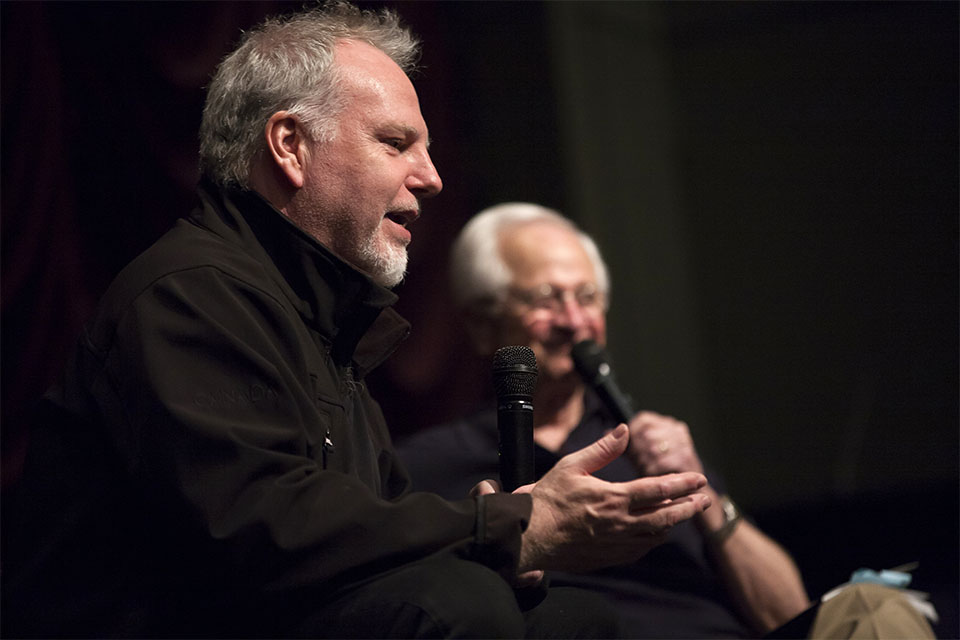 Guy Maddin and Professor Emeritus James Naremore onstage at IU Cinema