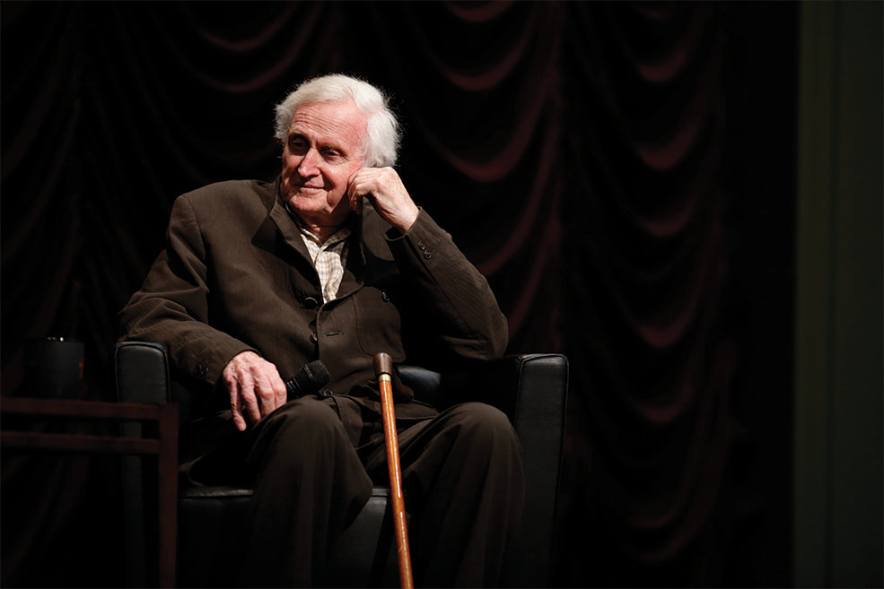 John Boorman sits on stage during his Jorgensen Guest Filmmaker event at IU Cinema.