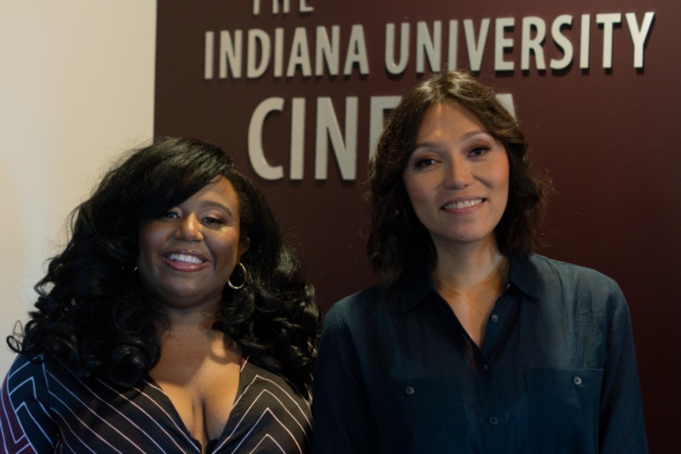 Maya Cade and Isabel Sandoval in the lobby of the IU Cinema.