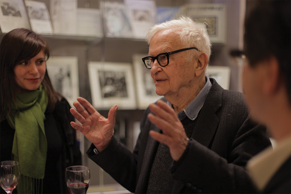 Albert Maysles speaking to guests at a reception in IU Cinema.