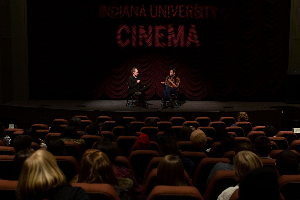Nia DaCosta and Founding Director Jon Vickers onstage at IU Cinema.
