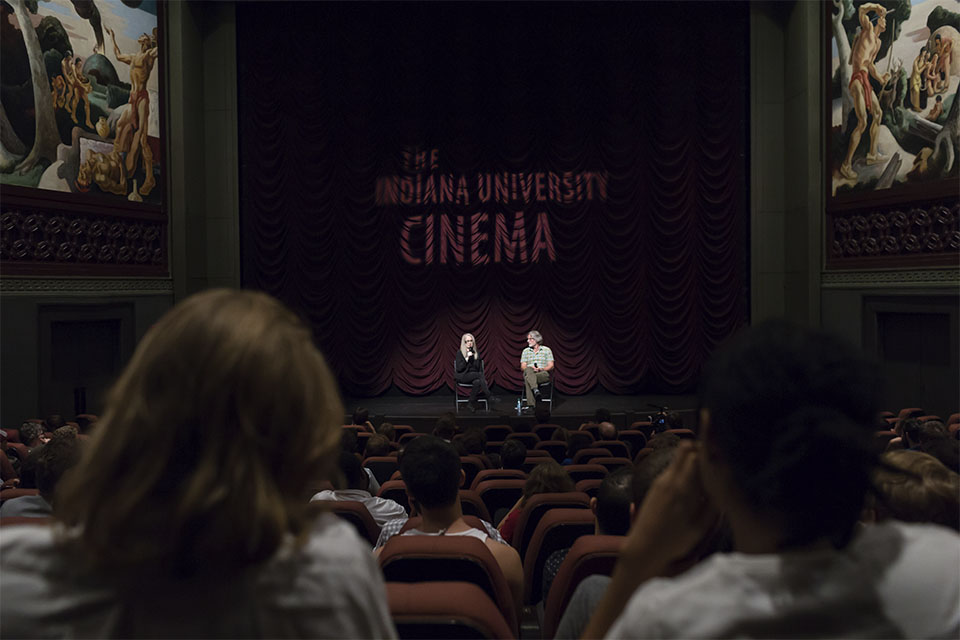 Penelope Spheeris and Andy Hollinden onstage at IU Cinema.
