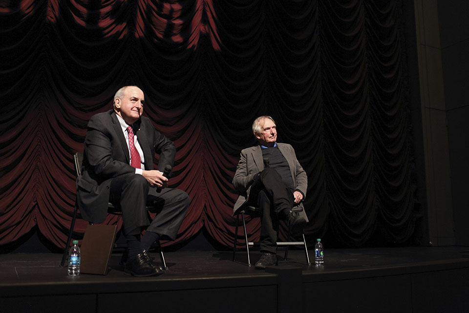 Peter Weir and Indiana University President Michael A. McRobbie onstage at IU Cinema.