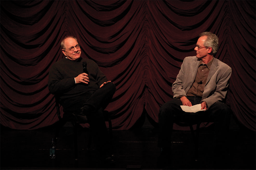 Paul Schrader and Professor Greg Waller onstage at IU Cinema.
