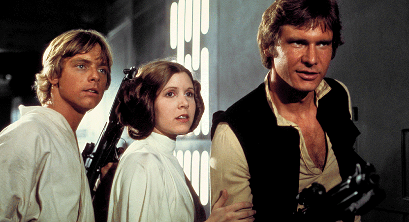 Luke, Laya and Han stand in a hallway from the film Star Wars: Episode IV A New Hope