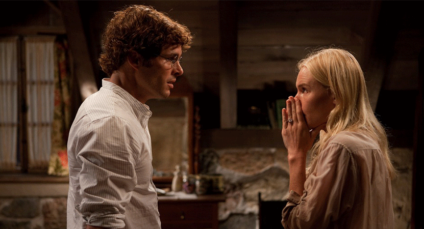 a man in a women have an intense conversation from the film Straw Dogs.