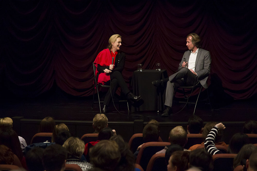 Meryl Streep onstage at IU Cinema with Founding Director Jon Vickers.