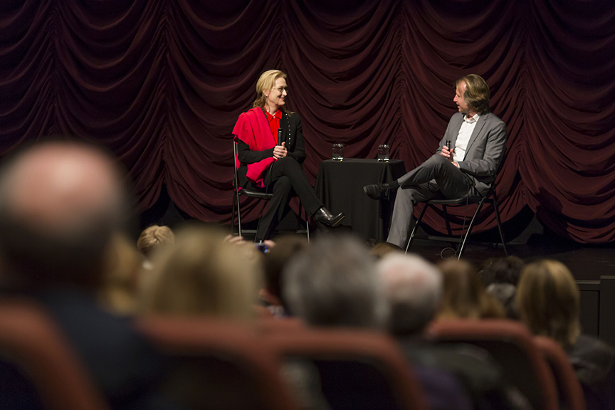 Meryl Streep on stage with IU Cinema Director Jon Vickers at IU Cinema.